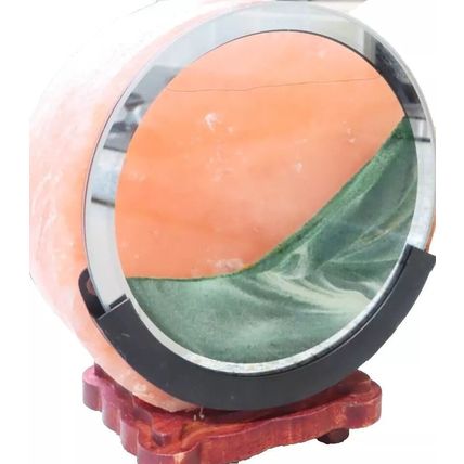 Himalayan Salt Lamp Round with Green Sand Decoration 17 CM Wooden Base Light
