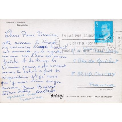 Mallorca Banalbufar Spain Postcard posted 1981 crease