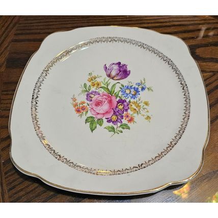 VINTAGE 1940s 22K GOLD THE PADEN CITY POTTERY USA FLORAL ROSE HAND-PAINTED PLATE