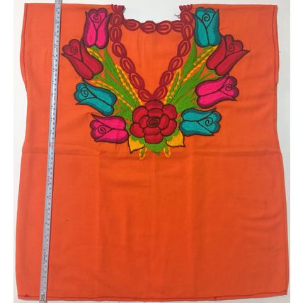 Multicolor Roses Bouquet Embroidered Cotton Canvas Orange Blouse Chiapas Mexico