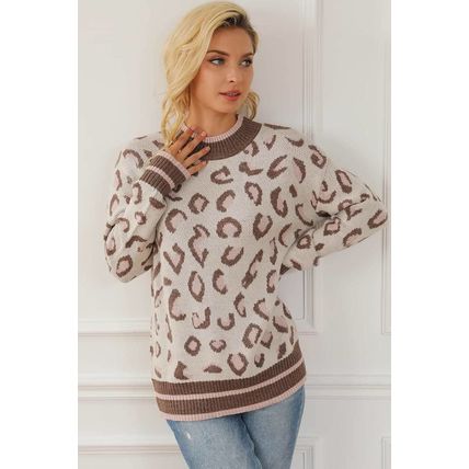 Brown Two-tone Ribbed Trim Contrast Leopard Sweater