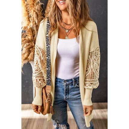 Apricot Crochet Lace Sleeve Ribbed Knit Cardigan