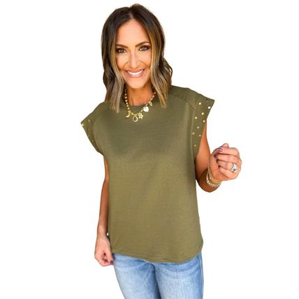 Guacamole Green Studded Short Sleeve Top