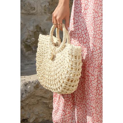 Beige Bamboo Weaving Semicircle Tote Handbag