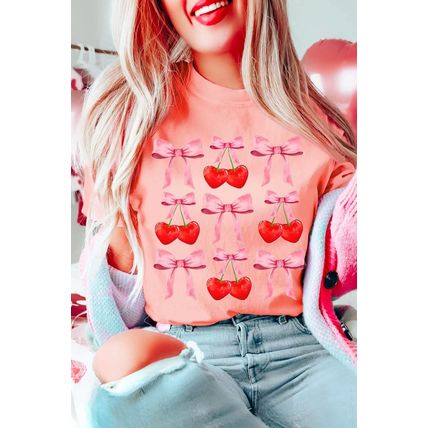Pink Bow Cherry Print Crew Neck Casual T Shirt
