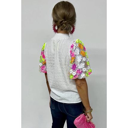 White Smocked Collar Sequin Flower Puff Sleeve Textured Top