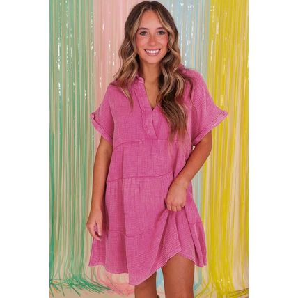 Strawberry Pink Mineral Wash Crinkle Split Neck Raw Hem Tiered Dress