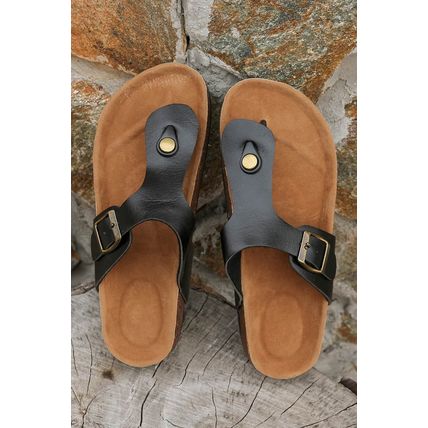 Black Vintage Buckle PU Leather Thong Slippers