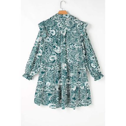Green Floral Flounce Sleeve Split Neck Plus Size Dress