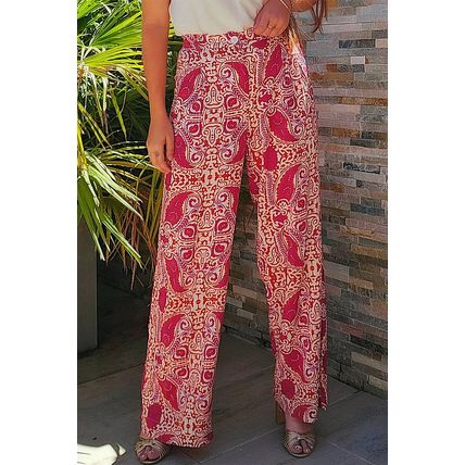 Red Paisley Printed Buttoned High Waist Straight Leg Pants