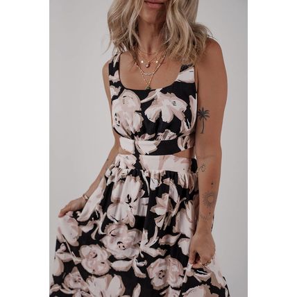 Black Floral Cutout Square Neck Knot Back Sleeveless Maxi Dress