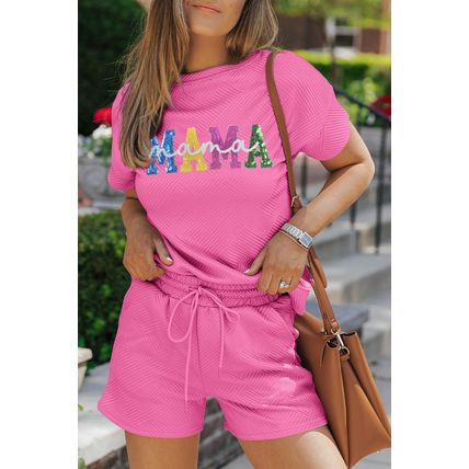 Strawberry Pink Sequined MAMA Letter Graphic Textured Short 2pcs Set