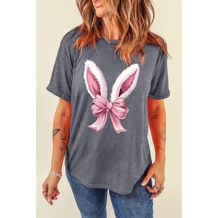 Gray Bunny Ear Bow Printed Easter Fashion T Shirt