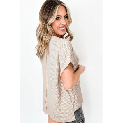 Pale Khaki Solid Color Textured Seamed Short Sleeve Top