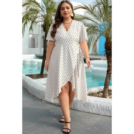 Khaki Polka Dot Surplice V Neck Tied Waist Flutter Sleeve Flowy Plus Size Midi D