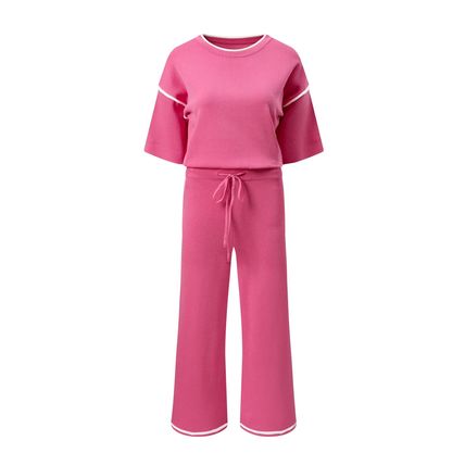 Bright Pink Contrast Trim Half Sleeve Top Drawstring Pants Loose 2pcs Sweater Su