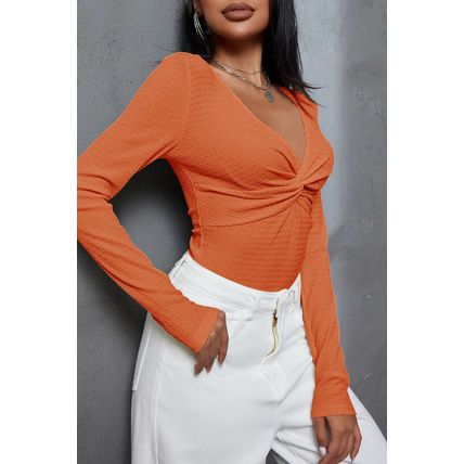 Orange Textured Twist Front V Neck Long Sleeve Slim Solid Color Top