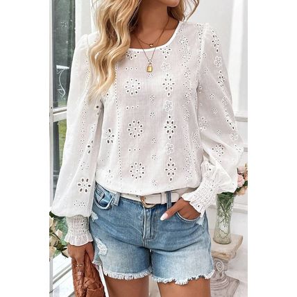 White Eyelet Embroidered Smocked Cuff Sheer Blouse