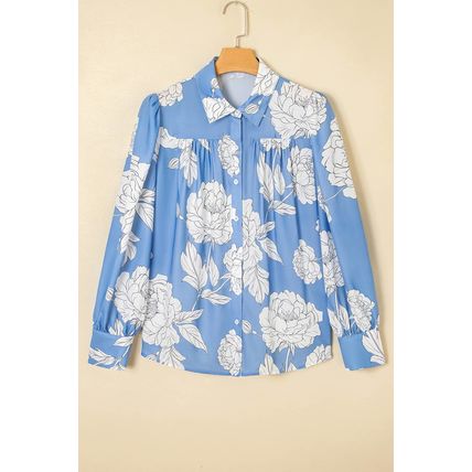 Sky Blue Floral Print Button Up Pleated Detail Puff Sleeve Shirt