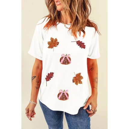 White Sequined Pumpkin Leaves Fall Vibe Graphic T Shirt