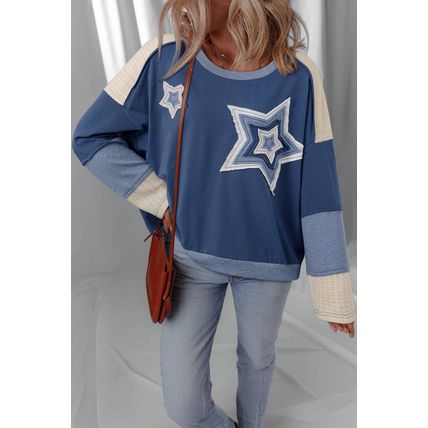 Dark Blue Contrast Knitted Colorblock Star Patchwork Oversize Long Sleeve Top