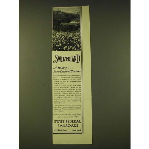 1933 Swiss Federal Railroads Ad - Switzerland A smiling Snow crowned country