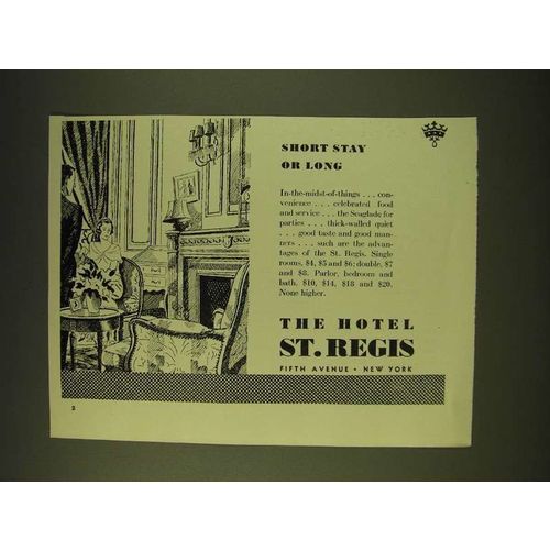 1933 The Hotel St. Regis Ad - Short stay or long