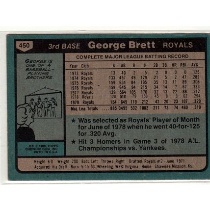 1980 Topps baseball card George Brett All-Star #450- Royals - HOF