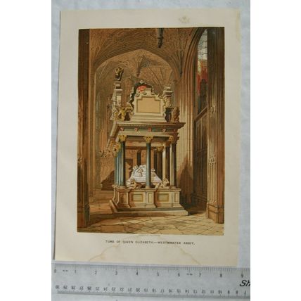 1860s coloured engraving - Tomb of Queen Elizabeth, Westminster Abbey