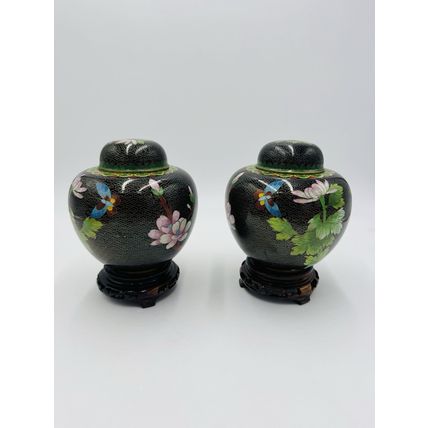Vintage Cloisonne Brass Enameled Ginger Jar Floral Butterfly Inlay Design 7in
