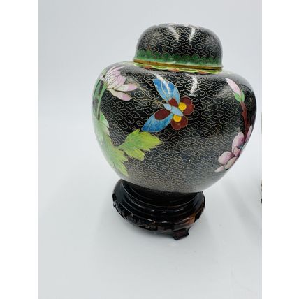 Vintage Cloisonne Brass Enameled Ginger Jar Floral Butterfly Inlay Design 7in