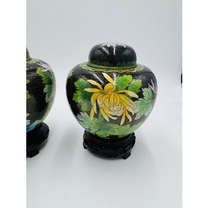 Vintage Cloisonne Brass Enameled Ginger Jar Floral Butterfly Inlay Design 7in