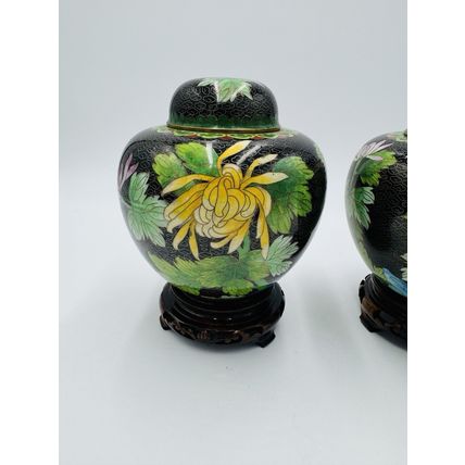 Vintage Cloisonne Brass Enameled Ginger Jar Floral Butterfly Inlay Design 7in