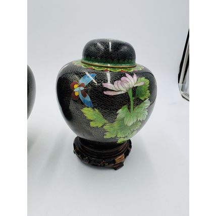 Vintage Cloisonne Brass Enameled Ginger Jar Floral Butterfly Inlay Design 7in