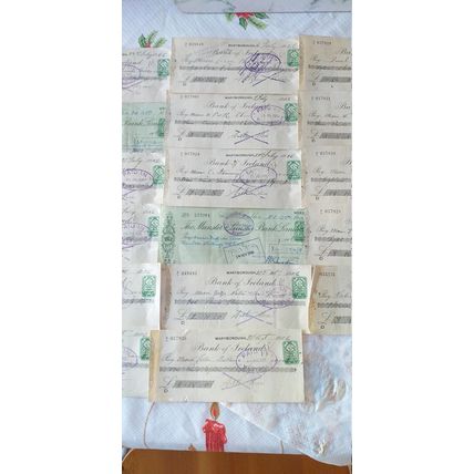 Old Irish Cheques Job Lot of 17 Cheques most 1920-s, Bank Of Ireland and Munster