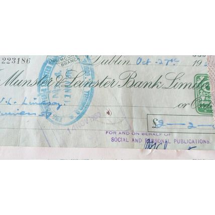 Old Irish Cheques Job Lot of 17 Cheques most 1920-s, Bank Of Ireland and Munster