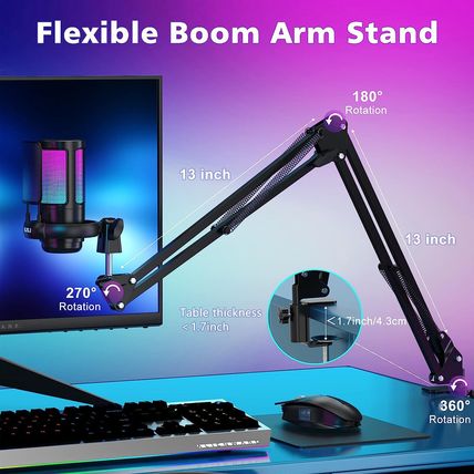 NJSJ USB Gaming Microphone for PC, Condenser Mic with Boom Arm for PS4/ PS5/ Mac