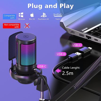 NJSJ USB Gaming Microphone for PC, Condenser Mic with Boom Arm for PS4/ PS5/ Mac