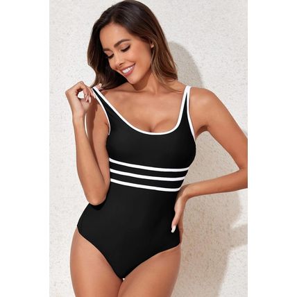 Black Contrast Trim Colorblock U Neck One Piece Swimwear