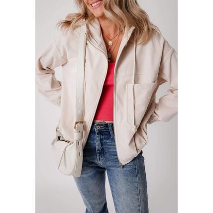 White Corduroy Drawstring Hooded Pocket Zip Up Jacket