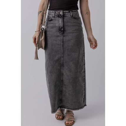 Dark Grey Denim Raw Hem Back Split High Waist Long Skirt