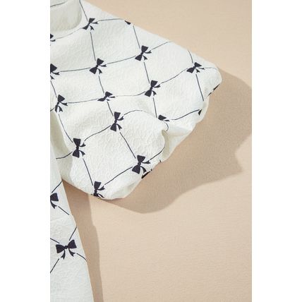 White Bowknot Print Front Knots Bubble Sleeve Blouse