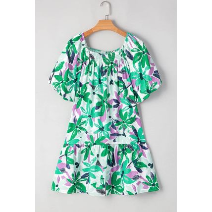 Green Floral Print Shirred Square Neck Loose Fit Mini Dress