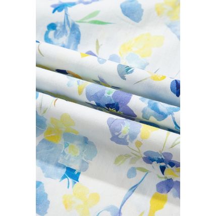 Sky Blue Floral Print Frilled Notched V Neck Blouse