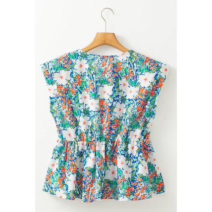 Green Floral Print Bow Applique Slit Sleeveless Peplum Blouse