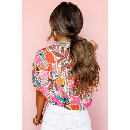 Rose Tropical Vacation Vibe Printed Button Up Short Sleeve Shirt