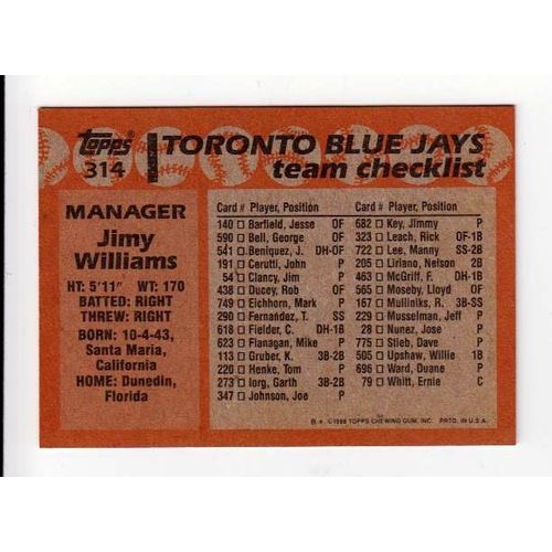 1988 Topps Jimy Williams baseball card #314 – Blue Jays