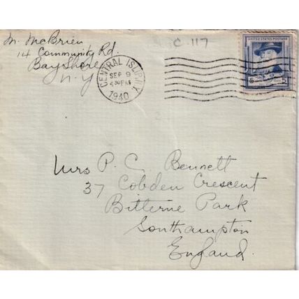 United States 1940 Central Islip NY-Southampton UK Cover written VGC