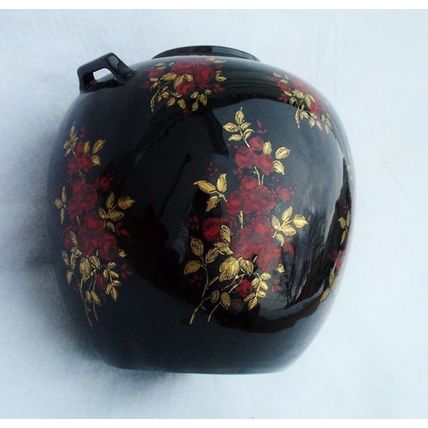 Black Oriental Style Vase Ceramic Asian Round Red Roses 8 inch tall