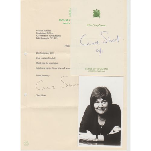 Autograph Clair Short MP Minister for International Development & letter + slip